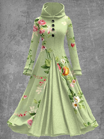 Floral Art Print Vintage Elegant Long Sleeve Maxi Dress