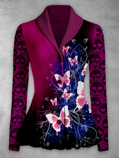 Butterfly Print Vintage Elegant Lapel V-Neck Button Up Long Sleeve Top