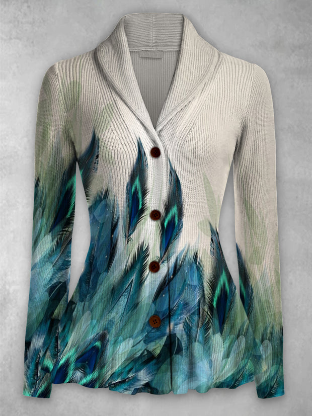 Feather Print Vintage Elegant Lapel V-Neck Button Up Long Sleeve Top