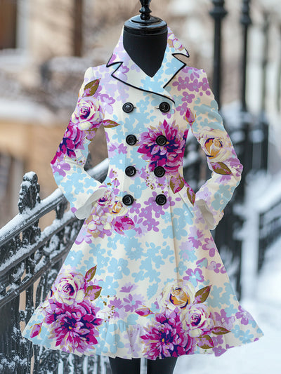 Floral Art Print Vintage Elegant Stand-Up Collar Long Sleeve Coat Dress