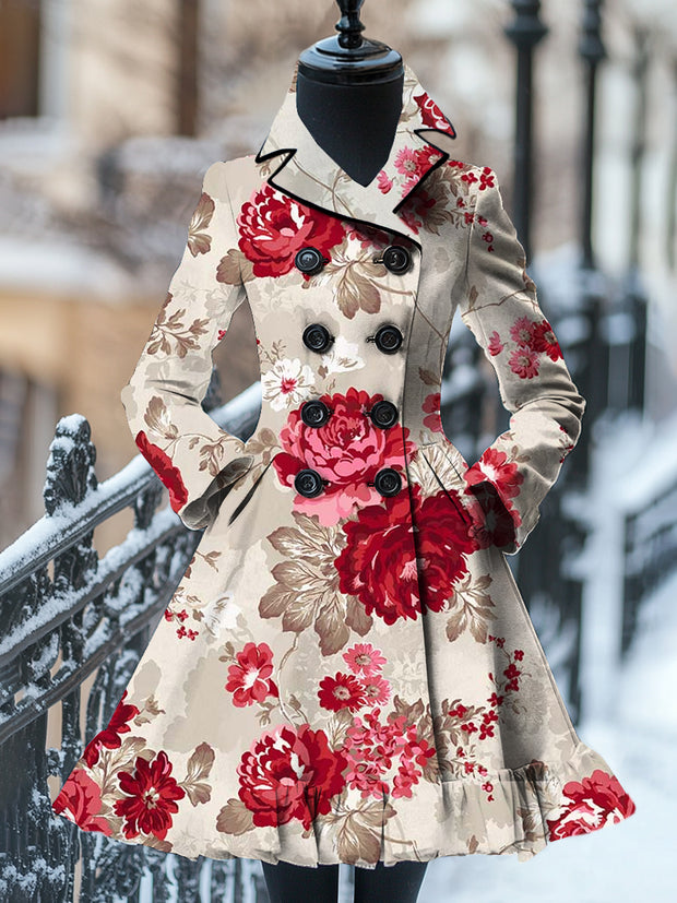 Floral Print Vintage Elegant Stand-Up Collar Long Sleeve Coat Dress