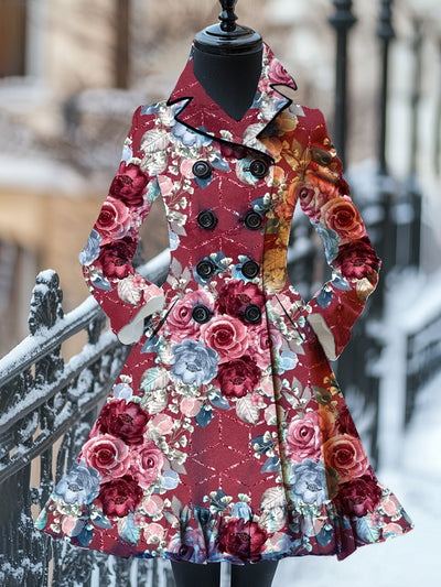 Floral Print Vintage Elegant Stand-Up Collar Long Sleeve Coat Dress