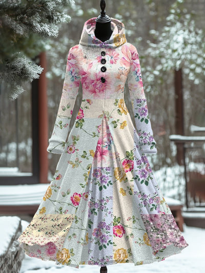 Vintage Floral Art Print Long Sleeve Maxi Dress