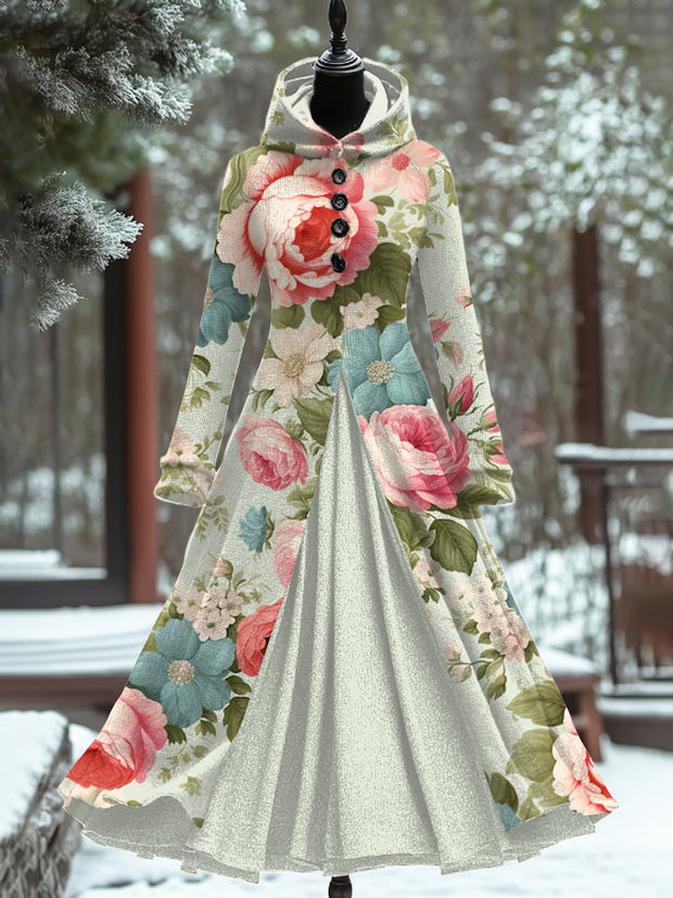 Vintage Floral Art Print Long Sleeve Maxi Dress