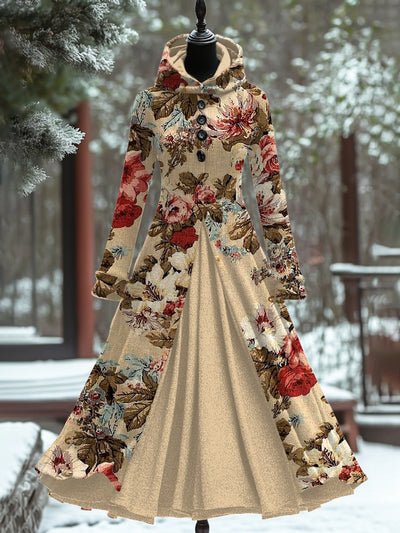 Vintage Floral Art Print Long Sleeve Maxi Dress