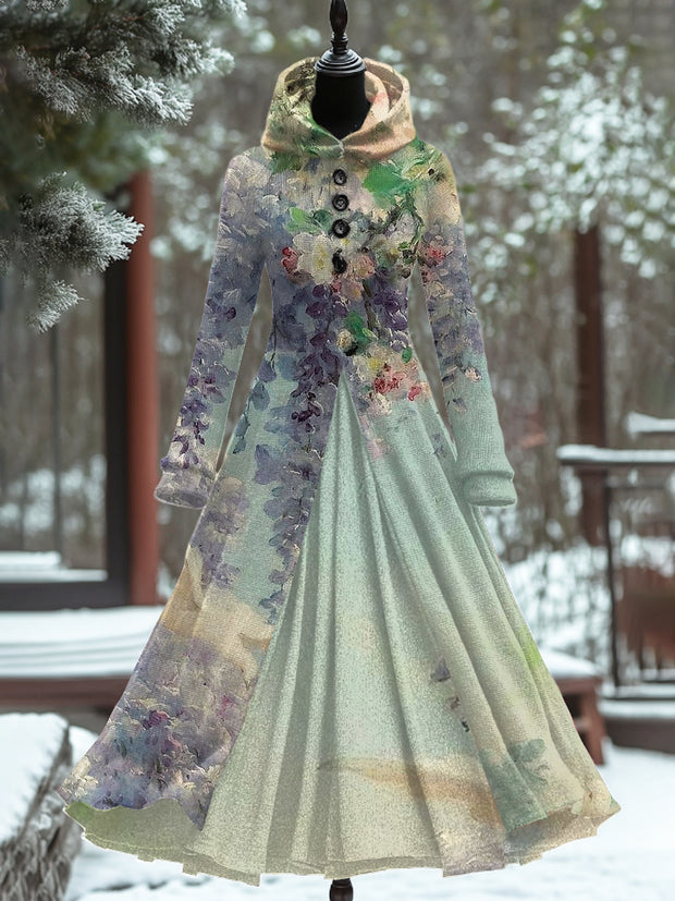 Vintage Floral Art Print Long Sleeve Maxi Dress