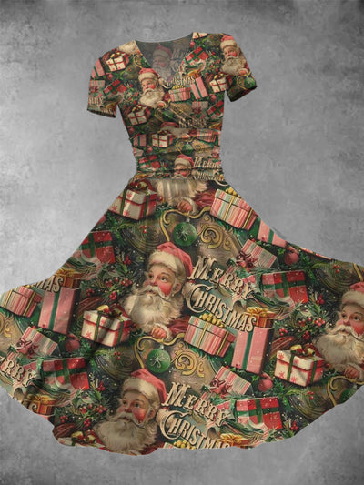 Christmas Santa Art Print V-Neck Short Sleeve Retro Midi Dress