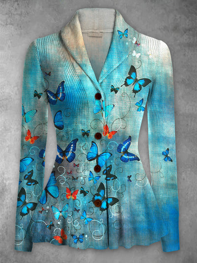 Butterfly Print Vintage Elegant Lapel V-Neck Button Up Long Sleeve Top