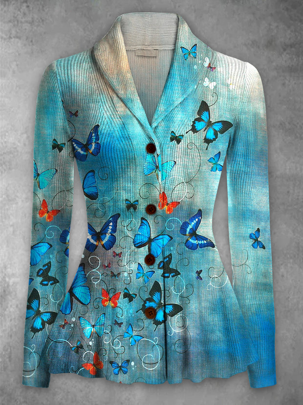 Butterfly Print Vintage Elegant Lapel V-Neck Button Up Long Sleeve Top