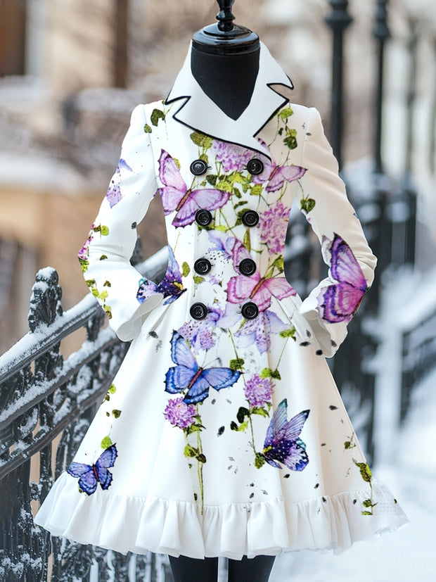 Butterfly Print Vintage Elegant Stand-Up Collar Long Sleeve Coat Dress