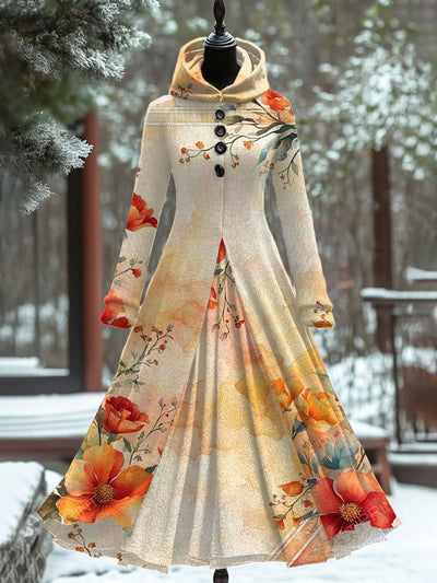 Vintage Floral Art Print Hooded Patchwork Long Sleeve 50s Elegant Slim Long Sleeve Fake Two-Piece Midi Dress