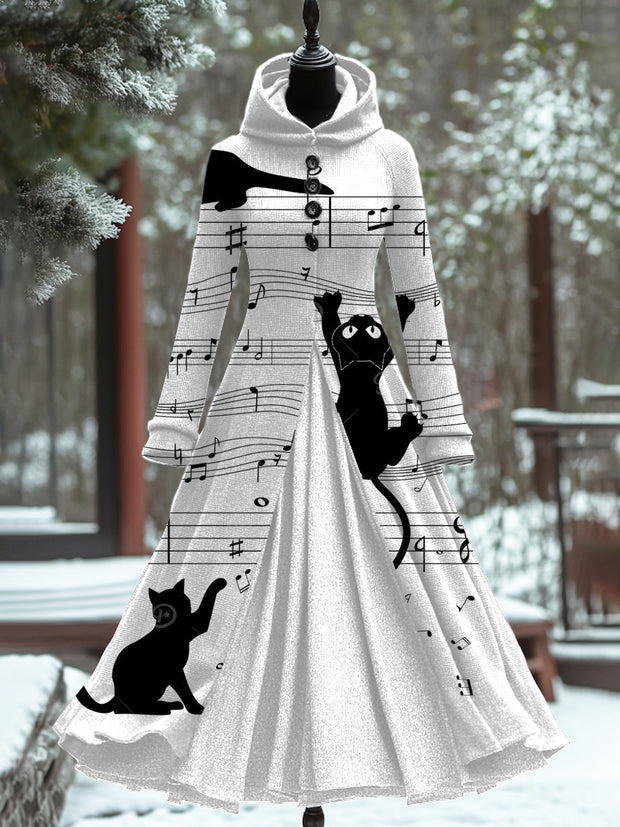 Cat Art Print Vintage Long Sleeve Maxi Dress