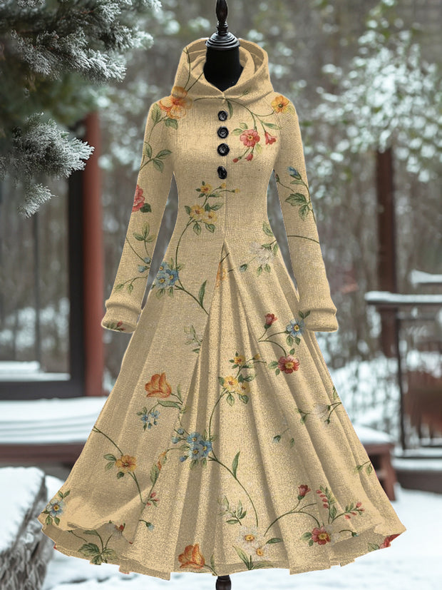 Vintage Floral Art Print Long Sleeve Maxi Dress Hooded Dress