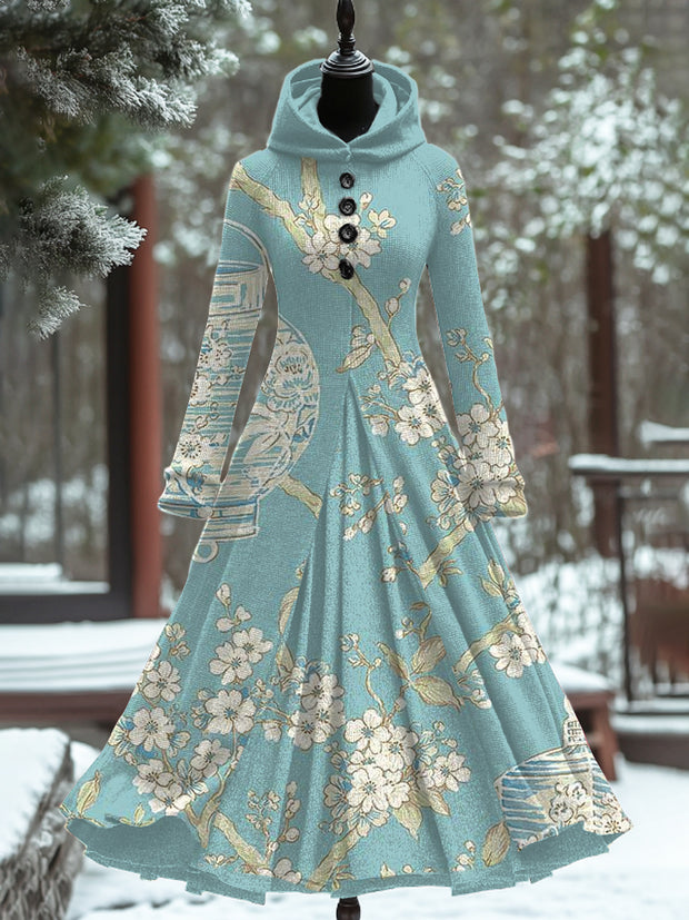 Vintage Floral Art Print Long Sleeve Maxi Dress Hooded Dress