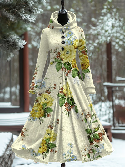 Vintage Floral Art Print Long Sleeve Maxi Dress Hooded Dress