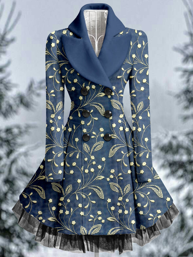 Floral Print Vintage Elegant Lapel V-Neck Button Up Long Sleeve Coat Dress