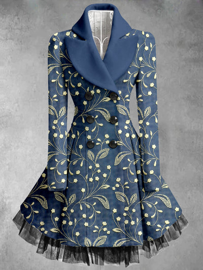 Floral Print Vintage Elegant Lapel V-Neck Button Up Long Sleeve Coat Dress