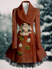 Floral Print Vintage Elegant Lapel V-Neck Button Up Long Sleeve Coat Dress