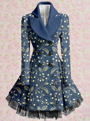 Floral Print Vintage Elegant Lapel V-Neck Button Up Long Sleeve Coat Dress