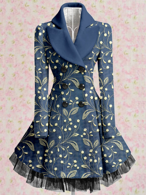 Floral Print Vintage Elegant Lapel V-Neck Button Up Long Sleeve Coat Dress