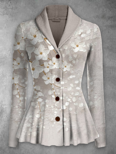 Floral Print Vintage Elegant Lapel V-Neck Button Up Long Sleeve Top