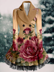 Floral Print Vintage Elegant Lapel V-Neck Button Up Long Sleeve Coat Dress