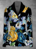 Floral Print Vintage Elegant Lapel V-Neck Button Up Long Sleeve Top