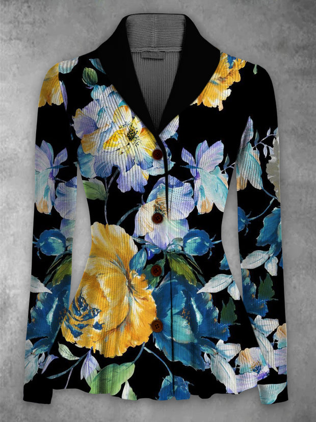 Floral Print Vintage Elegant Lapel V-Neck Button Up Long Sleeve Top