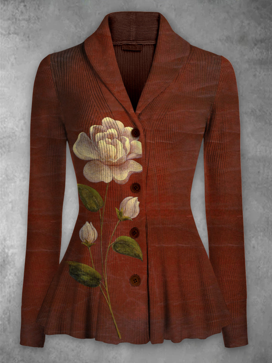 Floral Print Vintage Elegant Lapel V-Neck Button Up Long Sleeve Top
