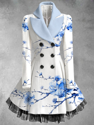 Floral Print Vintage Elegant Lapel V-Neck Button Up Long Sleeve Coat Dress