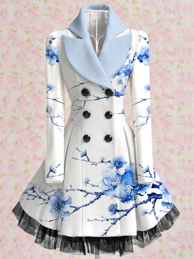 Floral Print Vintage Elegant Lapel V-Neck Button Up Long Sleeve Coat Dress