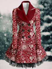 Floral Print Vintage Elegant Lapel V-Neck Button Up Long Sleeve Coat Dress