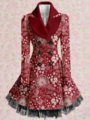 Floral Print Vintage Elegant Lapel V-Neck Button Up Long Sleeve Coat Dress