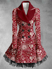 Floral Print Vintage Elegant Lapel V-Neck Button Up Long Sleeve Coat Dress