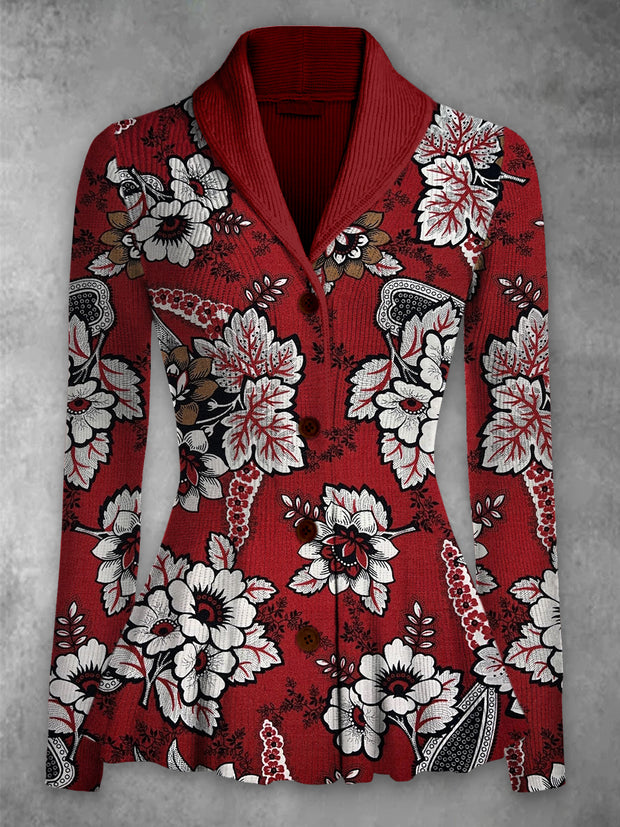 Floral Print Vintage Elegant Lapel V-Neck Button Up Long Sleeve Top