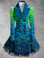 Peacock Feather Print Vintage Elegant Lapel Button Up Long Sleeve Coat Dress