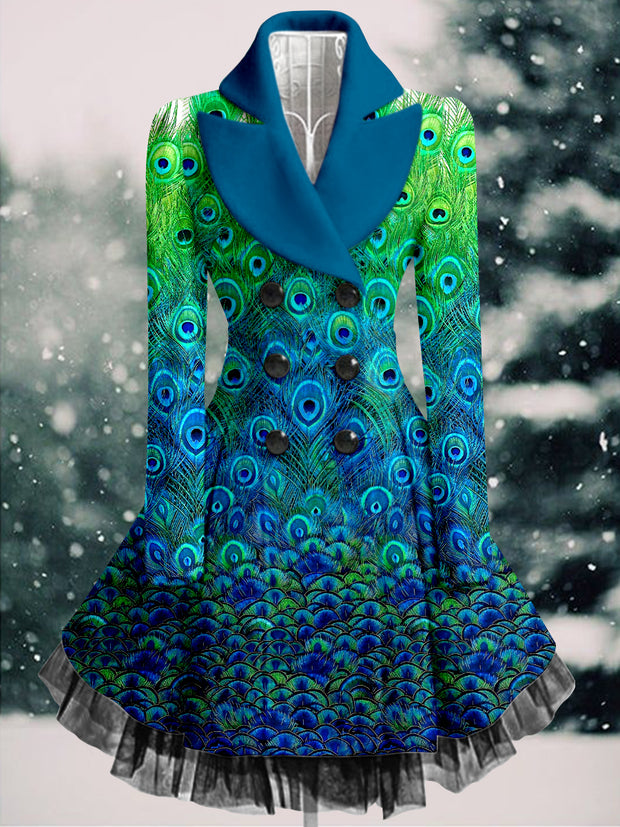 Peacock Feather Print Vintage Elegant Lapel Button Up Long Sleeve Coat Dress