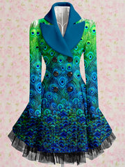 Peacock Feather Print Vintage Elegant Lapel Button Up Long Sleeve Coat Dress