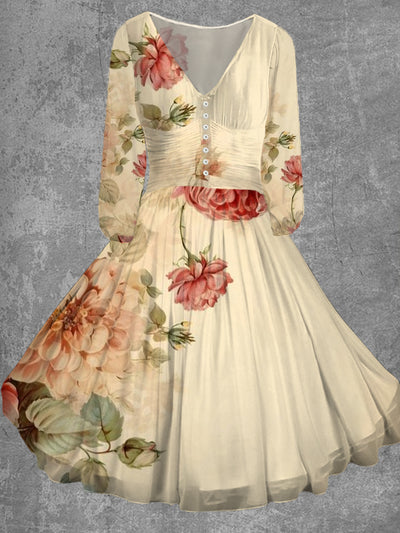 Floral Print V-Neck Long Sleeve Button Up Vintage Elegant Midi Dress