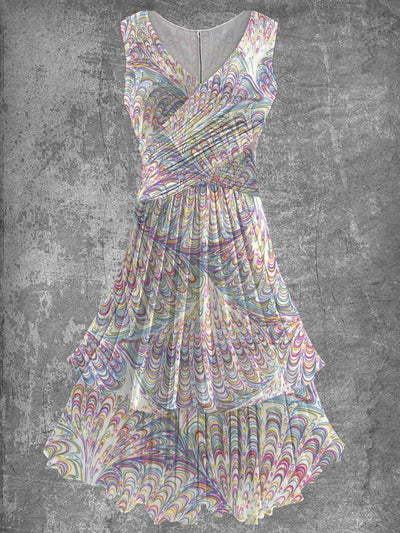 Feather Art Print 50s Vintage Elegant Chic Sleeveless Midi Dress