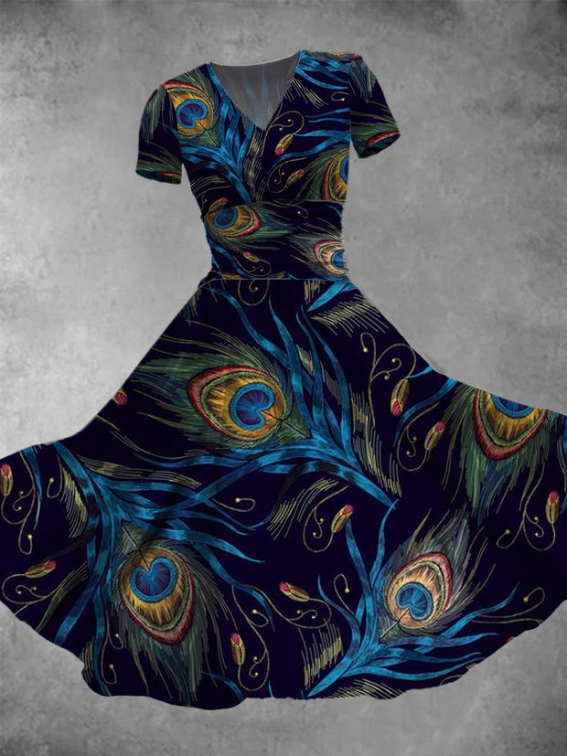 Feather Art Print V-Neck Short Sleeve Vintage Midi Dress