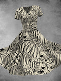 Abstract Tiger Art Print V-Neck Short Sleeve Vintage Midi Dress