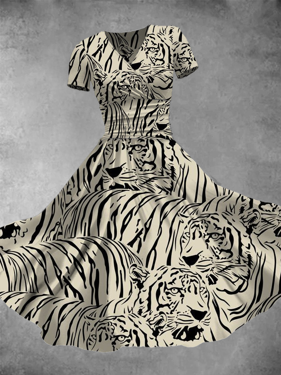 Abstract Tiger Art Print V-Neck Short Sleeve Vintage Midi Dress