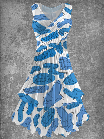 Fish Print 50s Vintage Elegant Chic Sleeveless Midi Dress