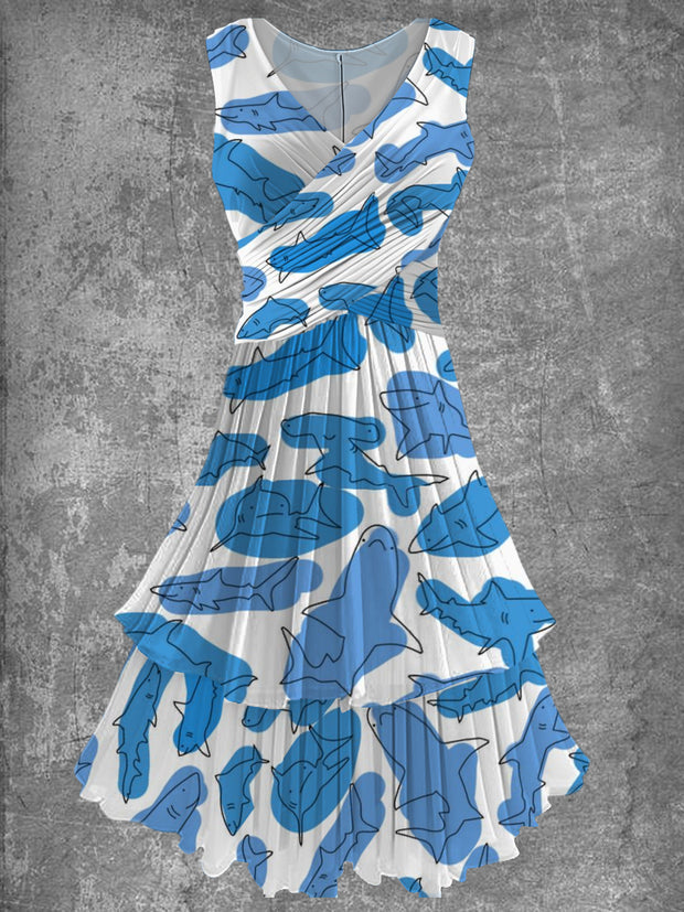 Fish Print 50s Vintage Elegant Chic Sleeveless Midi Dress