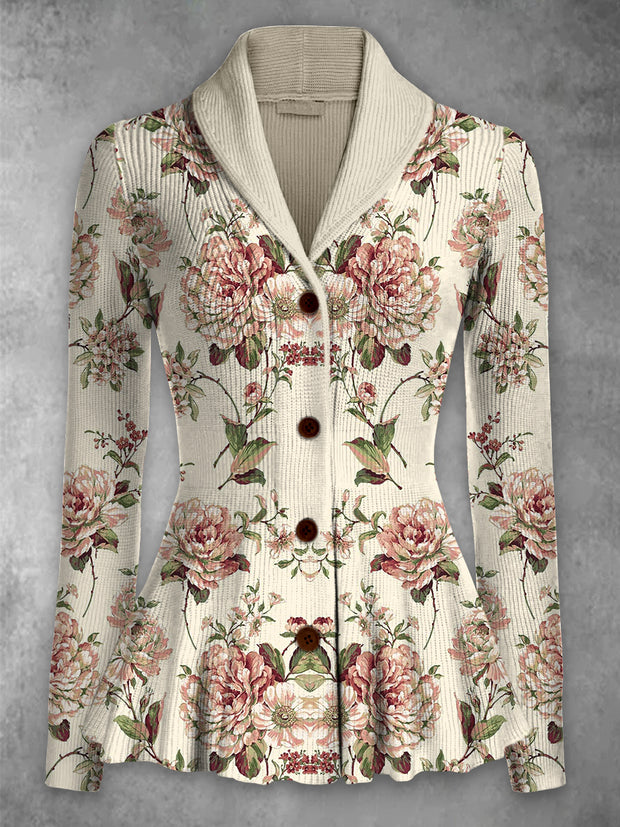 Retro Floral Art Printed Elegant Lapel V-Neck Button Up Thick Knit Long-Sleeved Cardigan Top