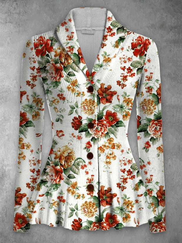 Retro Floral Art Printed Elegant Lapel V-Neck Button Up Thick Knit Long-Sleeved Cardigan Top