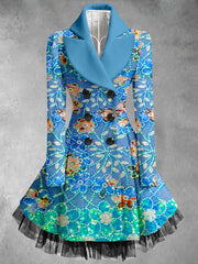 Floral Print Vintage Elegant Lapel V-Neck Button Up Long Sleeve Coat Dress