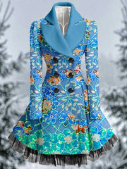 Floral Print Vintage Elegant Lapel V-Neck Button Up Long Sleeve Coat Dress