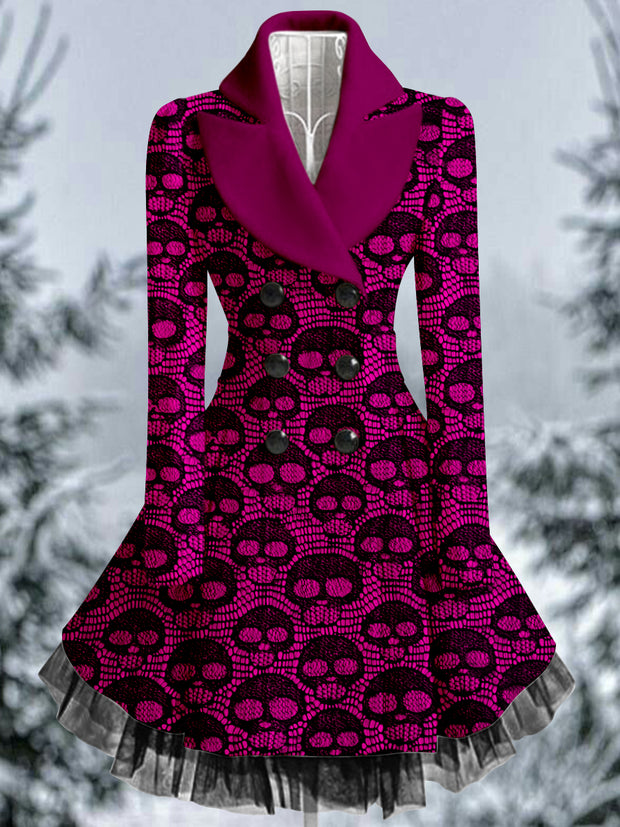 Elegantes Mantelkleid mit Totenkopf-Print und Revers im Vintage-Stil, V-Ausschnitt, Knopfleiste und langen Ärmeln